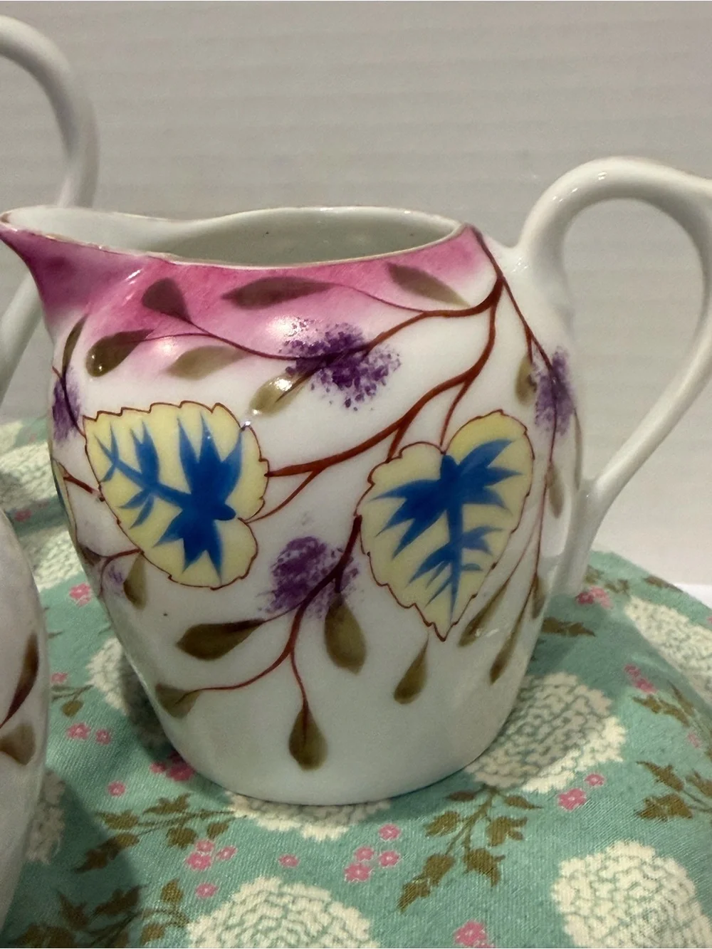 Vintage Hand Painted Porcelain  3 Pc Tea Set Tea Pot Lidded Sugar And Creamer.